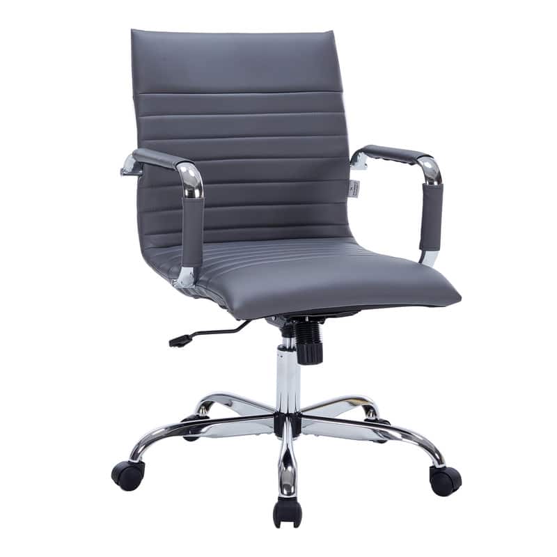 LeisureMod - Harris Mid-Back Leather Office Chair Adjustable Height Tilt Computer Task Chair with 360-Degree Swivel - Gray