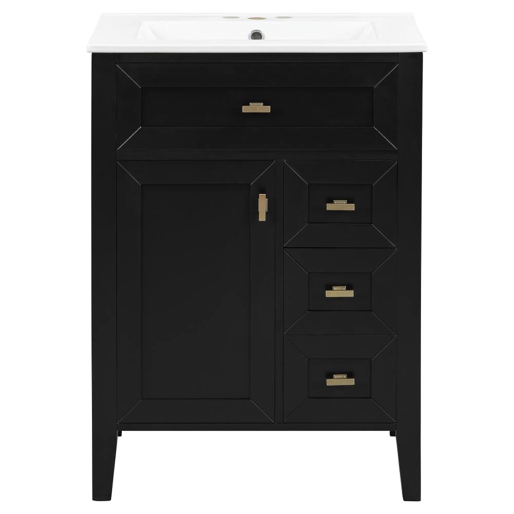 Alt View 3. Loheer - Loheer 24 inch black bathroom vanity with sink, MDF and Rubberwood, 3 Drawers - Black.