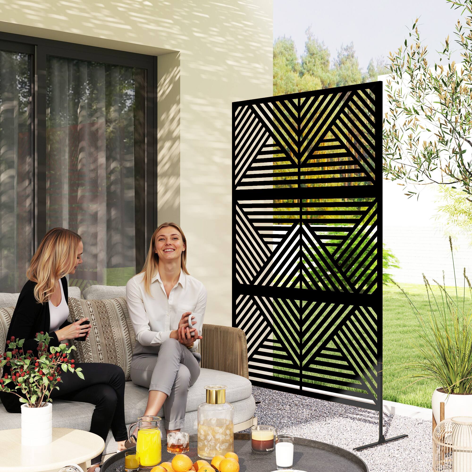 Alt View 1. Outsunny - Metal Outdoor Privacy Screen, 78" H x 48" W Decorative Privacy Fence Screen, Freestanding Outdoor Divider with Stand - Black/Rhombus.