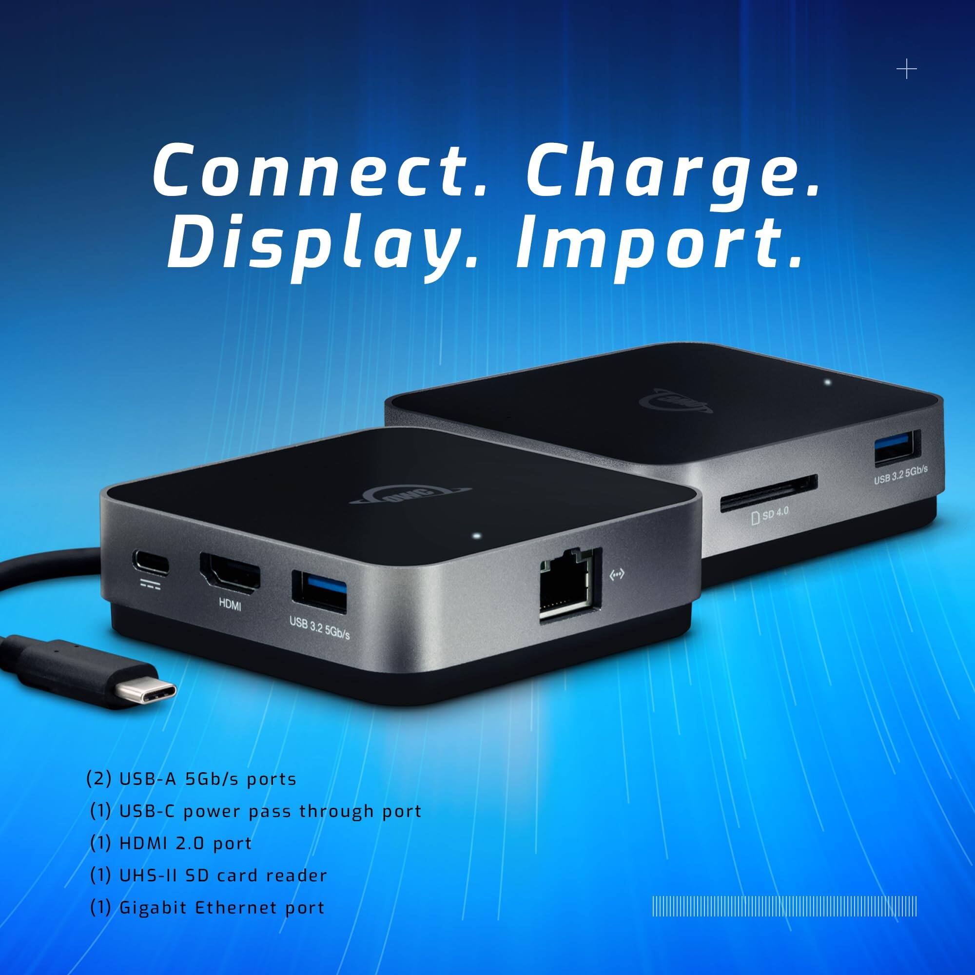 Connect. Charge. Display. Import.

(2) USB-A 5Gb/s ports  
(1) USB-C power pass through port  
(1) HDMI 2.0 port  
(1) UHS-II SD card reader  
(1) Gigabit Ethernet port