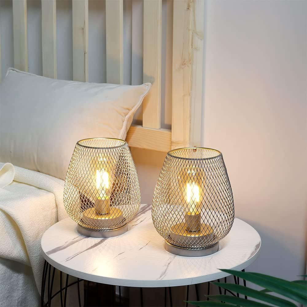 Alt View 4. FINEAK - Set of 2 Battery-Powered LED Lanterns - Metal Cage Accent Lights for Indoor & Outdoor Use (Silver) - Silver.