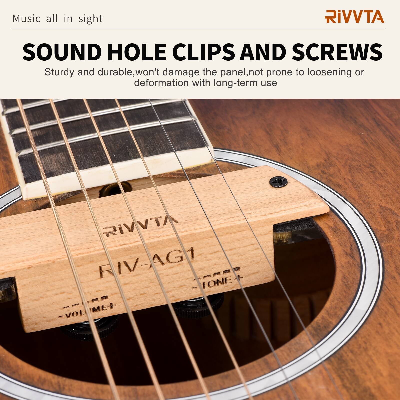 Music all in sight

SOUND HOLE CLIPS AND SCREWS

Sturdy and durable, won't damage the panel, not prone to loosening or deformation with long-term use

RIVVTA RIV-AG1 - TONE ME+ VOL

RIVVTA