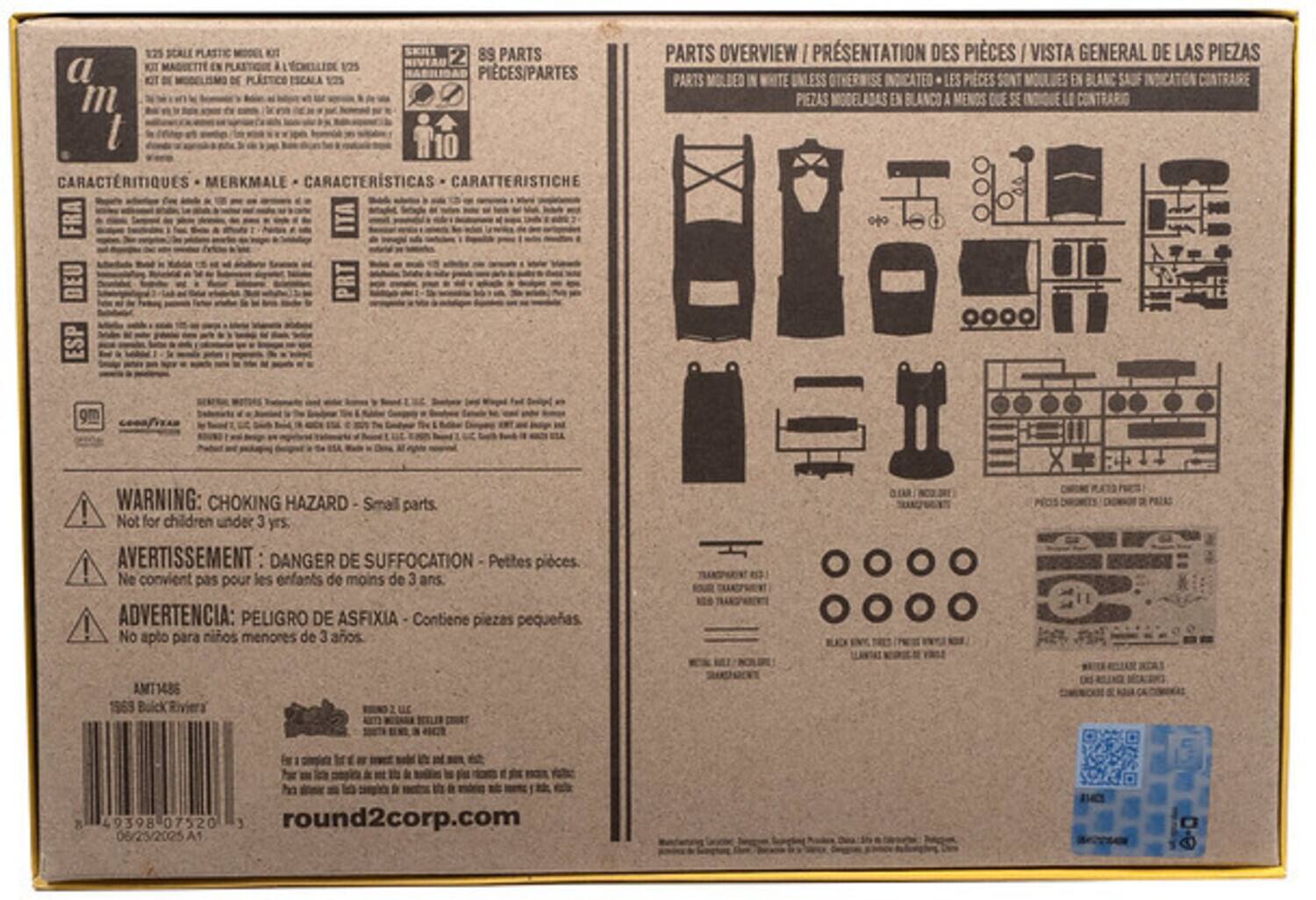 1:25 SCALE PLASTIC MODEL KIT  
KIT MAGUETTE EN PLASTIQUE À L'ÉCHELLE 1:25  
KIT DE MODELO EN PLASTICO A LA ESCALA 1:25  
KIT MODELLO IN PLASTICA A SCALA 1:25  

89 PARTS  
PIÈCES/PARTES  
PIECES/PARTES  
PIECAS/PARTES  
CARACTERÍSTIQUES - MERKMALE - CARACTERÍSTICAS - CARATTERISTICHE  

PARTS OVERVIEW / PRÉSENTATION DES PIÈCES / VISTA GENERAL DE LAS PIEZAS  
PARTS MOLDED IN WHITE UNLESS OTHERWISE INDICATED  
PIEZAS MOLDEADAS EN BLANCO A MENOS QUE SE INDIQUE LO CONTRARIO  

WARNING: CHOKING HAZARD - Small parts. Not for children under 3 yrs.  
AVERTISSEMENT: DANGER DE SUFFOCATION - Petites pièces. Ne convient pas pour les enfants de moins de 3 ans.  
ADVERTENCIA: PELIGRO DE ASFIXIA - Contiene piezas pequeñas. No