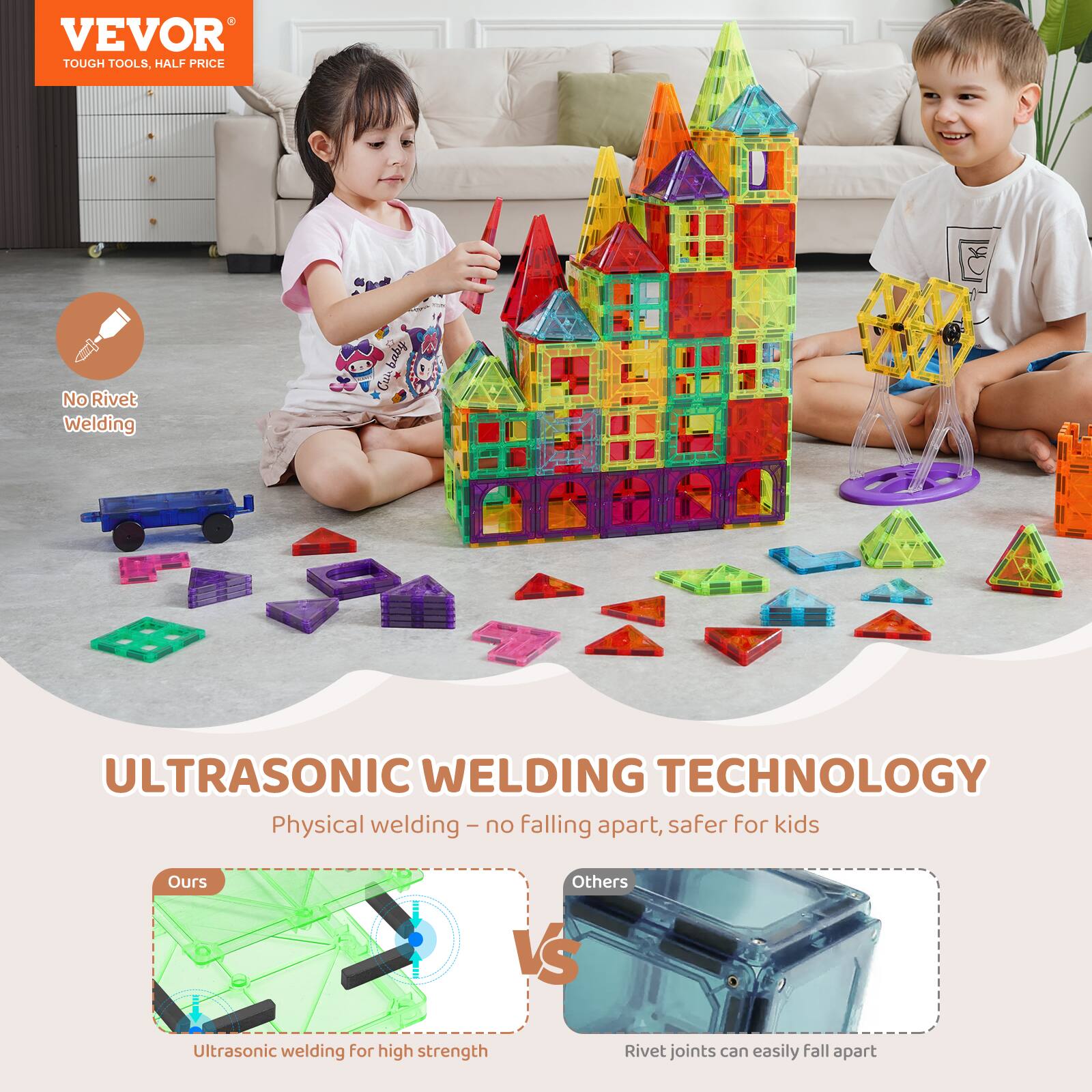VEVOR  
TOUGH TOOLS, HALF PRICE  

No Rivet Welding  

ULTRASONIC WELDING TECHNOLOGY  
Physical welding – no falling apart, safer for kids  

Ours  
Ultrasonic welding for high strength  

Others  
Rivet joints can easily fall apart