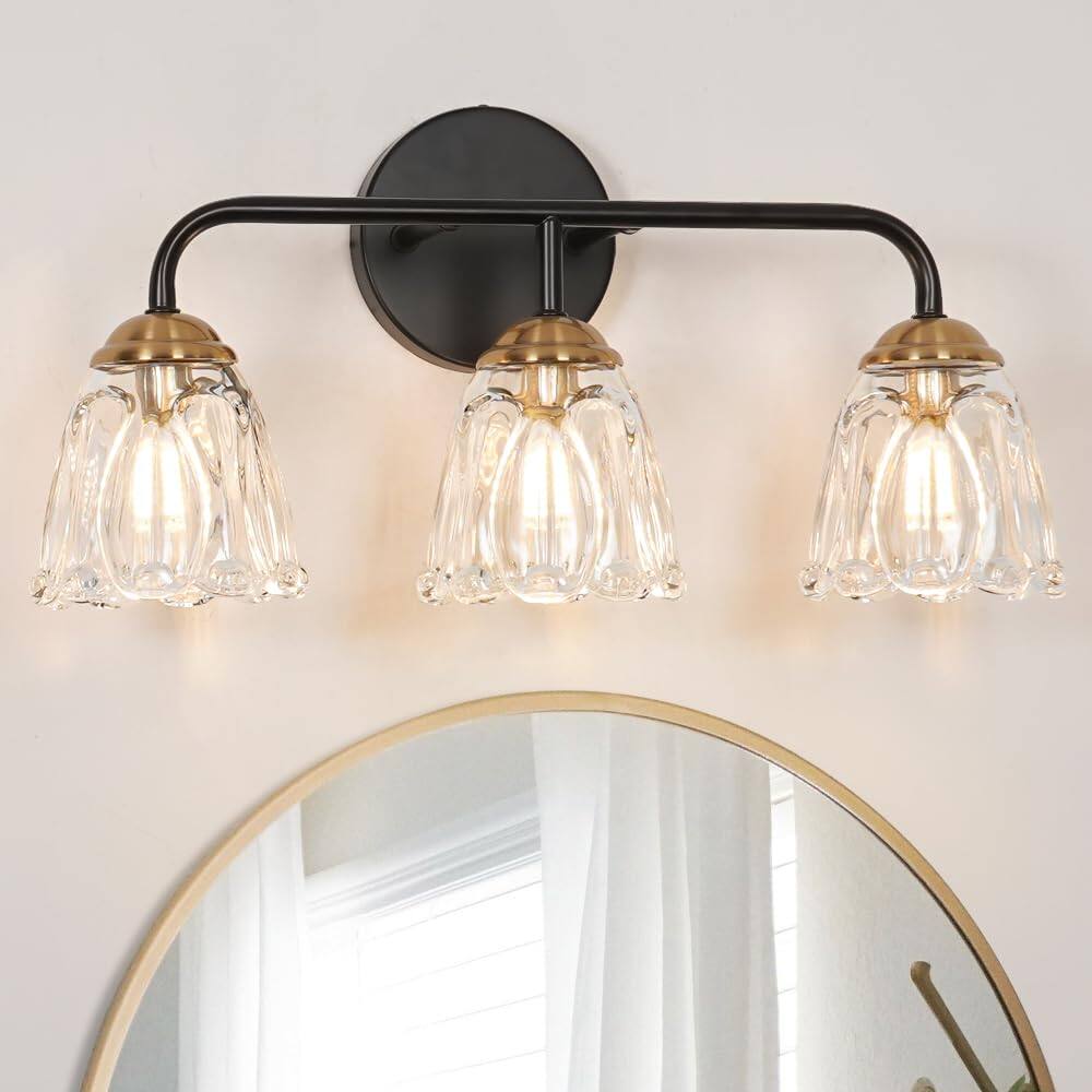 Front. Cedar Assembly - Vintage Vanity Lighting For Bathroom And Light Fixtures With Clear Glass Shade Elegant Over Mirror Wall Sco - Black+Gold 18.1in.