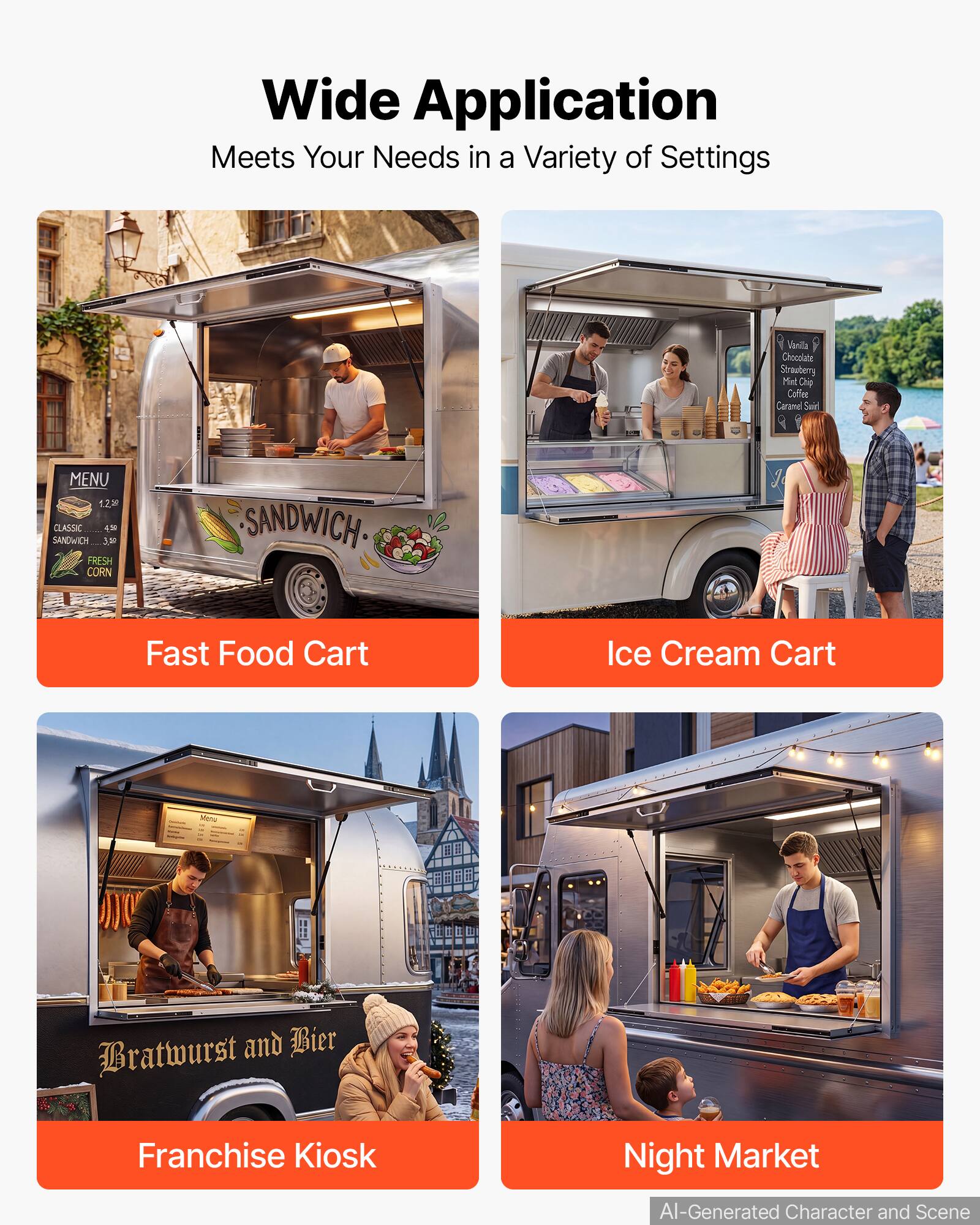 Wide Application Meets Your Needs in a Variety of Settings

- Fast Food Cart
- Ice Cream Cart
- Franchise Kiosk
- Night Market

MENU
- CLASSIC 12.20
- SANDWICH 3.30
- FRESH CORN SANDWICH

Vianilla P
Chocolate
Strawberry
Mint Chip
Coffee
Caranel

AI-Generated Character and Scene