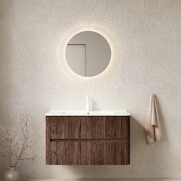 Loheer - 36 inch bathroom vanity with sink, wall mounted floating vanity, retro walnut woodgrain finish - White + Deep Walnut