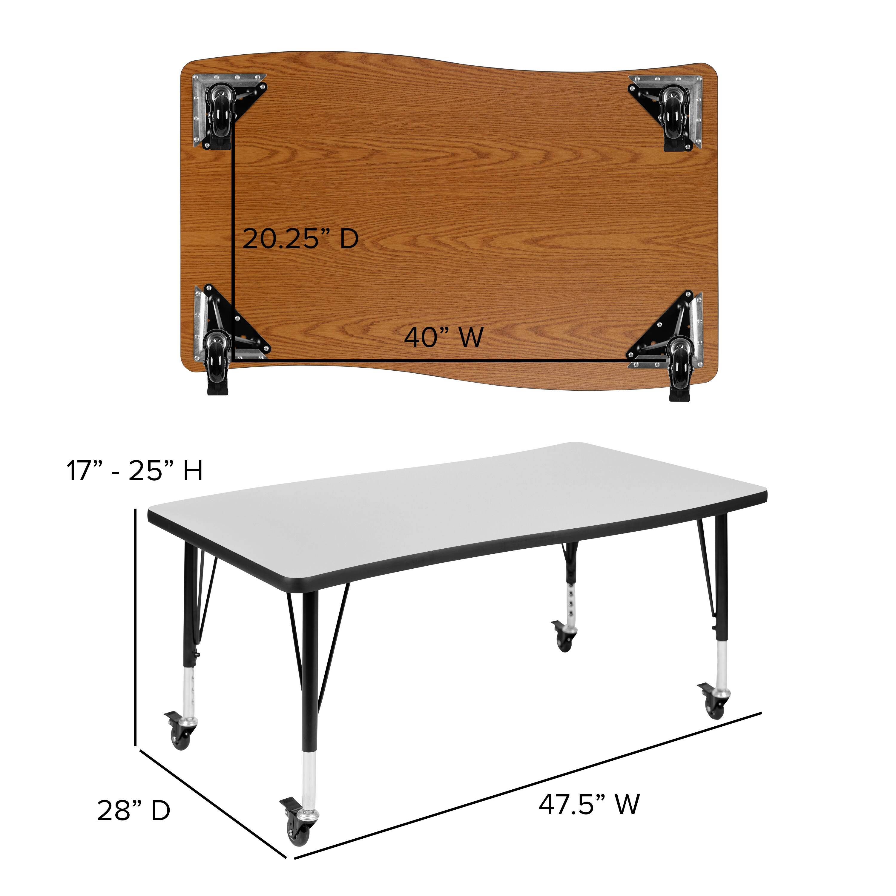 20.25" D  
40" W  
17" - 25" H  
28" D  
47.5" W