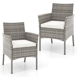 Costway - Set of 2 Patio Rattan Arm Dining Chair Cushioned Sofa Furniture - Mix Gray + Off White