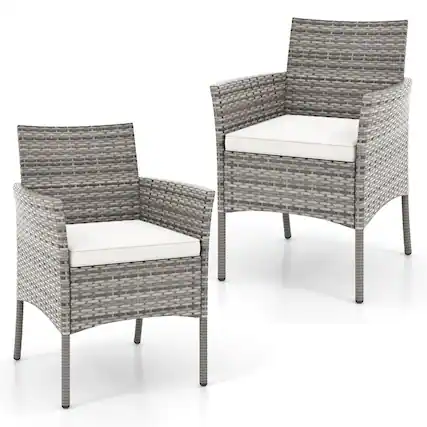 Front. Costway - Set of 2 Patio Rattan Arm Dining Chair Cushioned Sofa Furniture - Mix Gray + Off White.