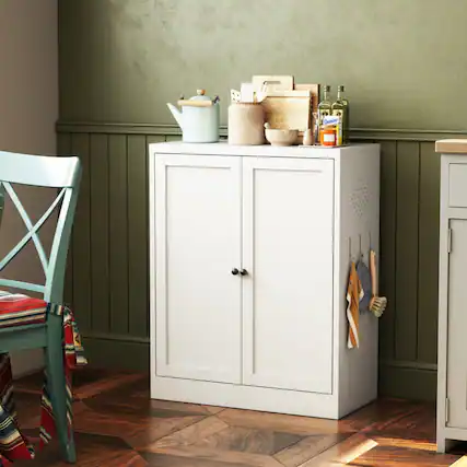 Front. ALEXOUN - 34.6" White Metal Pantry Cabinet, Minimalist Freestanding Storage Organizer with Adjustable Shelves & Easy-Grip Handles - White.