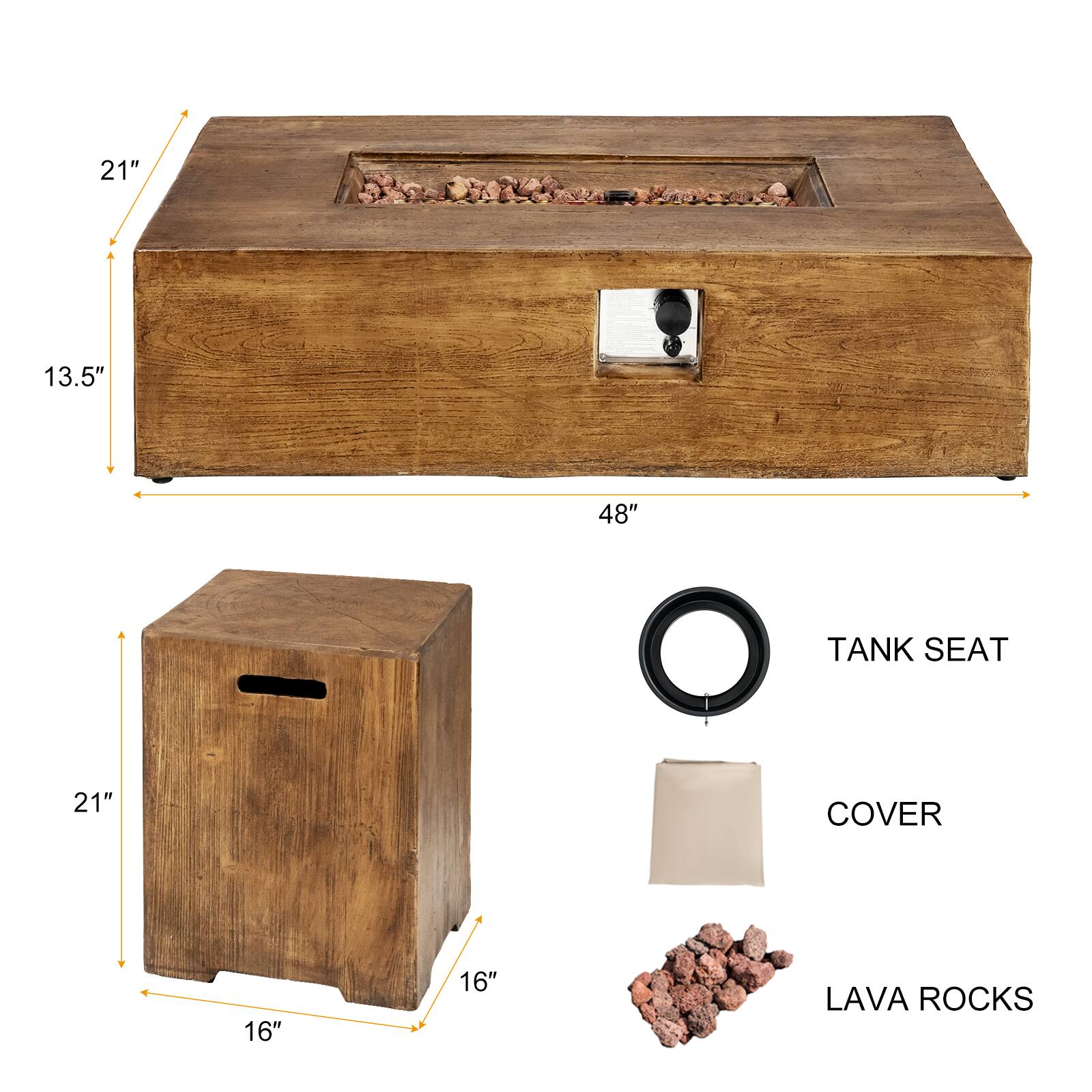 - 21" x 13.5" x 48" TANK SEAT
- 21" x 16" COVER
- LAVA ROCKS