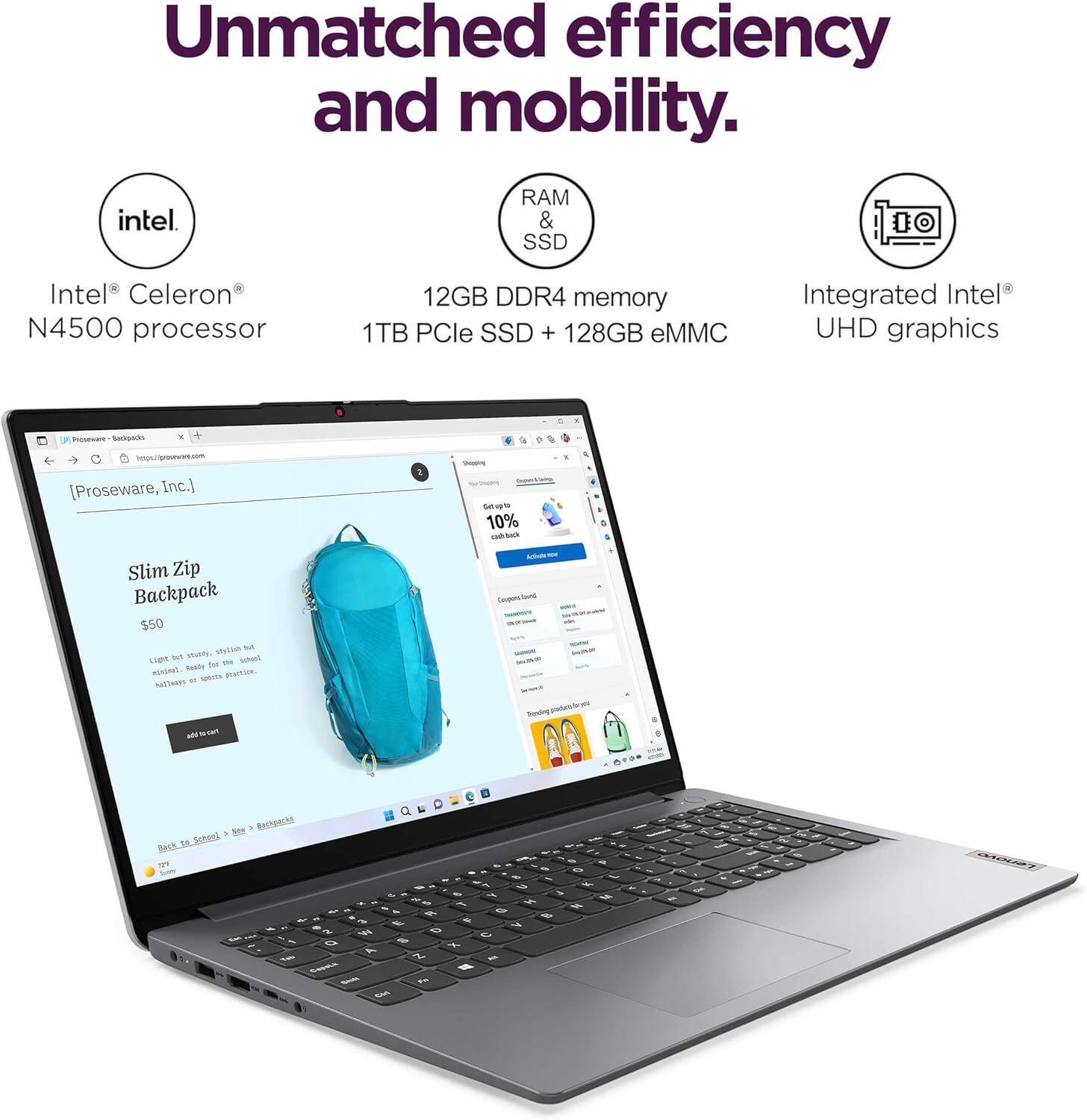 Alt View 1. Lenovo - IdeaPad 1 15.6 HD Laptop - Intel Celeron with 12GB Memory - 640GB Storage - Numeric Keypad - Windows 11 - Cloud Grey.