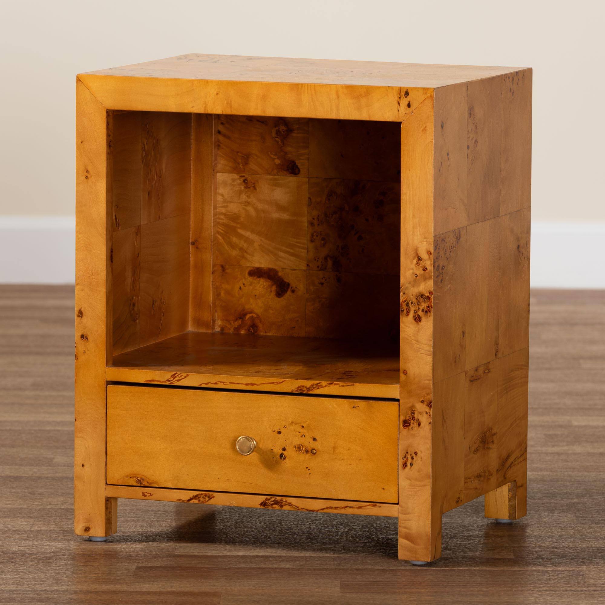 Alt View 4. bali & pari - Camira Modern and Contemporary Natural Mappa Burl Wood 1-Drawer Nightstand - Light Mappa Burl.
