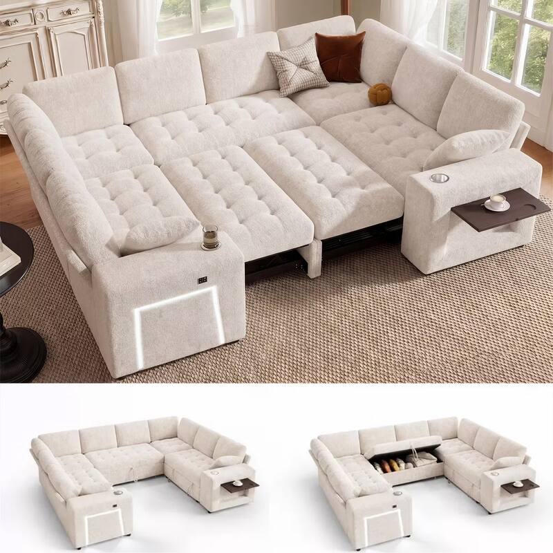 Front. Dyonery - 111" U Shaped Modular Sectional Sleeper Sofa with Pull Out Bed,8 Seat Beige Chenille Couch with 2 Pull-Out Beds - Beige.