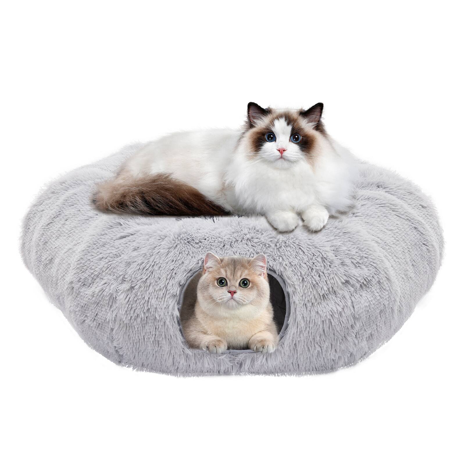 Front. AENKYO - Plush Cat Cave Bed With Removable Play Tunnel & Ball Toy – Dual-Entry, Machine Washable Cat Furniture. - Grey.