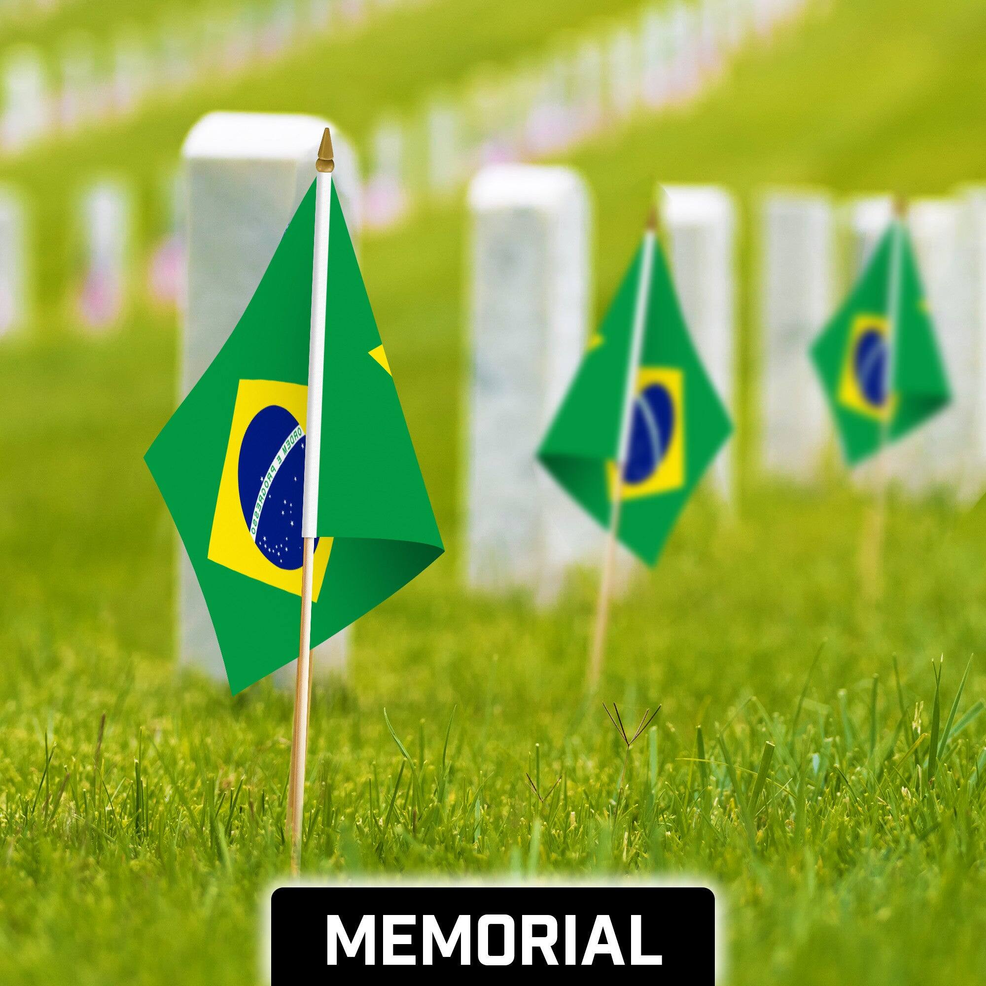 Back. G128 - 50-Pack Handheld Brazil Flags 12" x 18" — 150D Polyester with Wooden Stick and Gold Spear. - Assorted Colors.