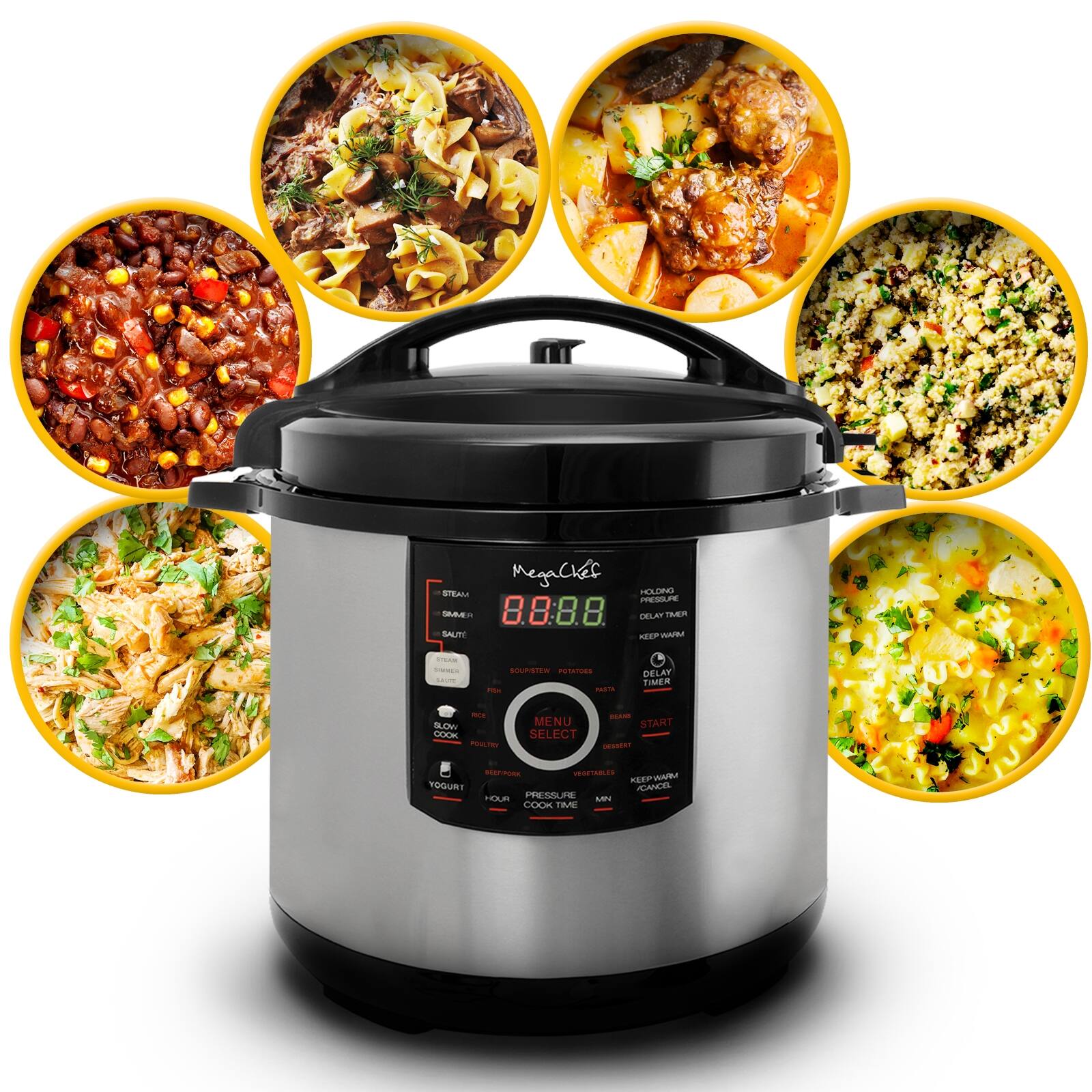 MEGACHEF PRESSURE COOKER . 8:88 DELAY TIMER SAUTE BAUTE POULTRY MENU SELECT START KEEP WARM CANCEL YOGURT SOUPS MINUTES PRESSURE COOK TIME