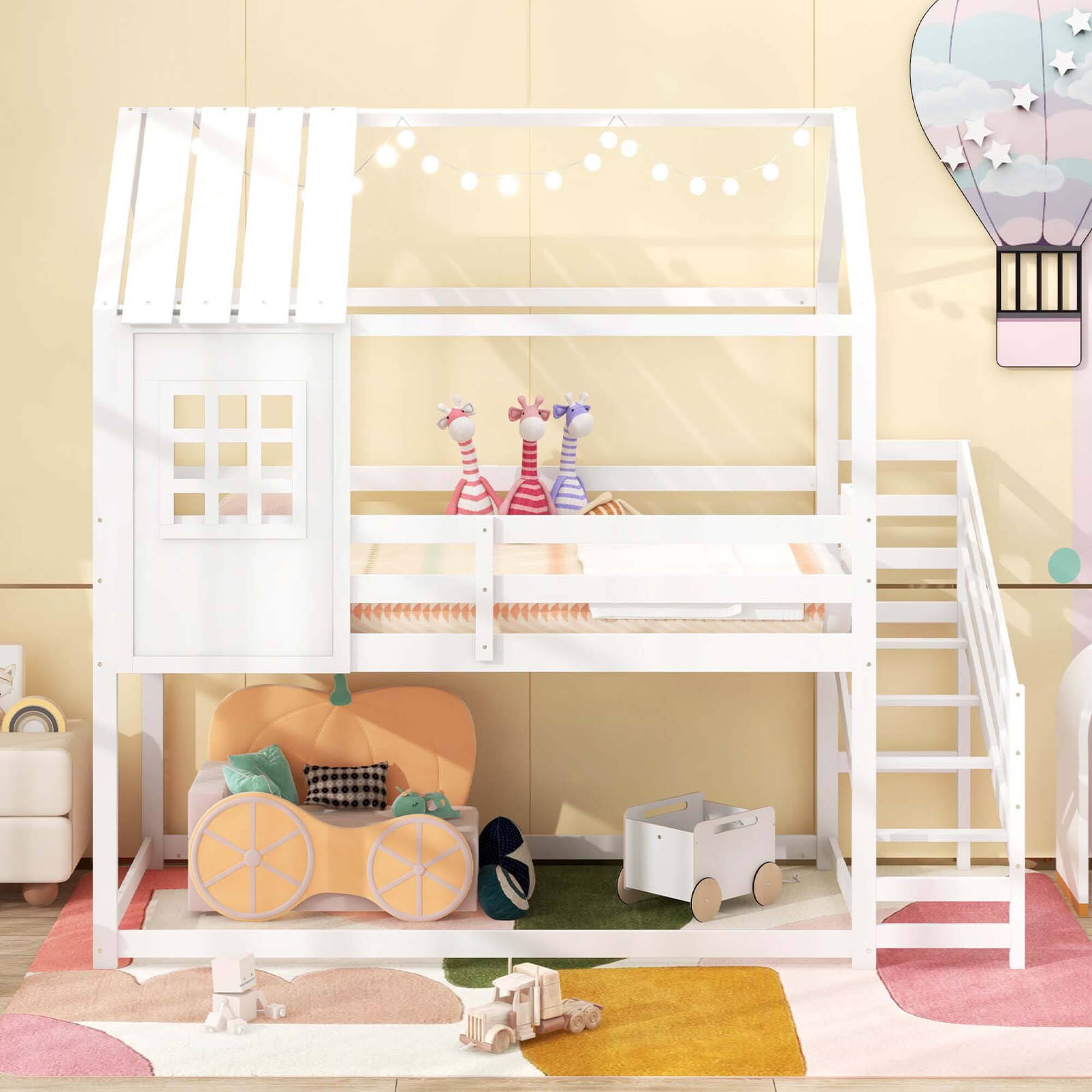 Alt View 1. Costway - Twin House Bunk Bed with Stairs Roof Rails & Window Full-length Guardrails - White.