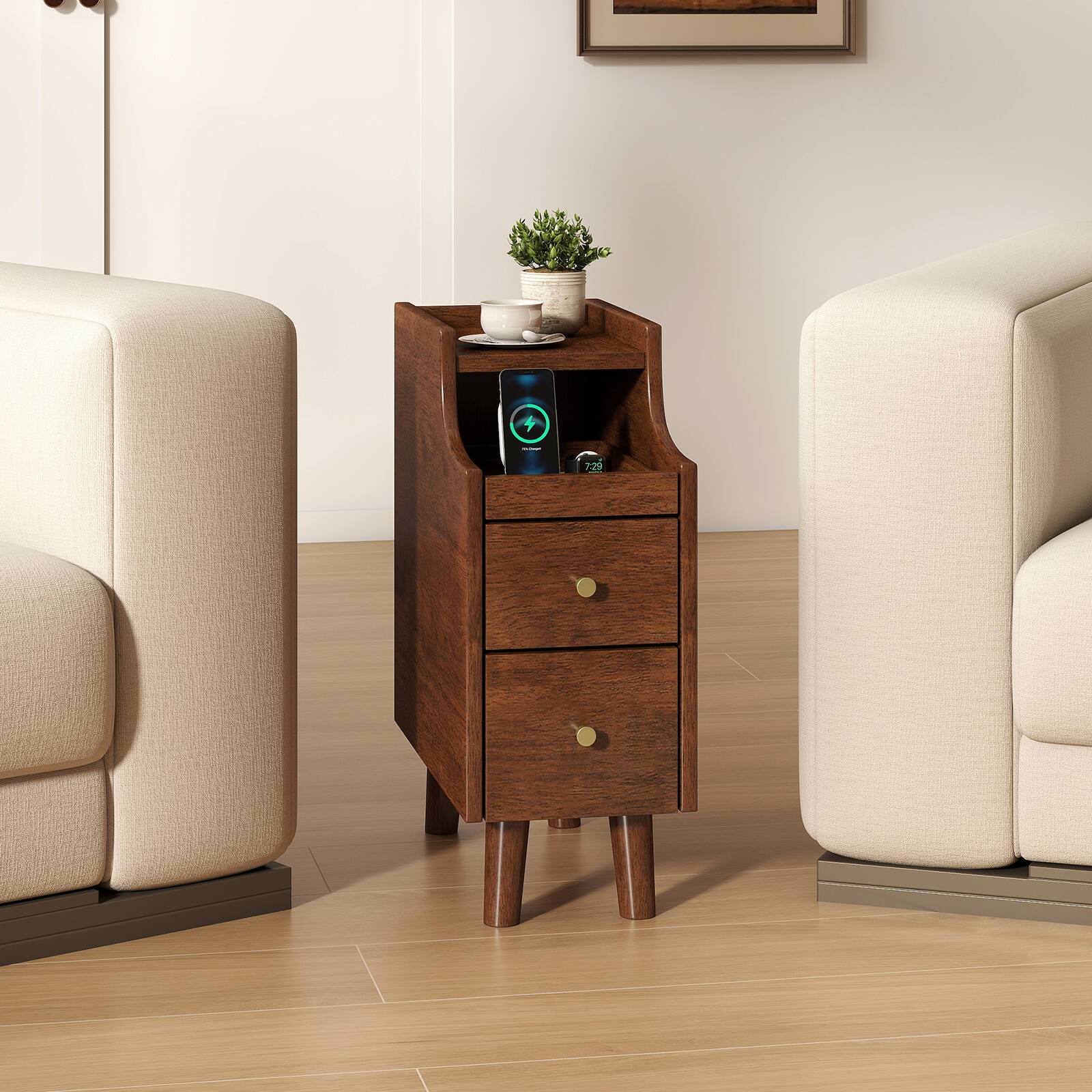Alt View 4. Gymax - Gymax 2PCS Solid Wood End Table w/Pull-out Tray & 2 Storage Drawers Cable Management - Brown.
