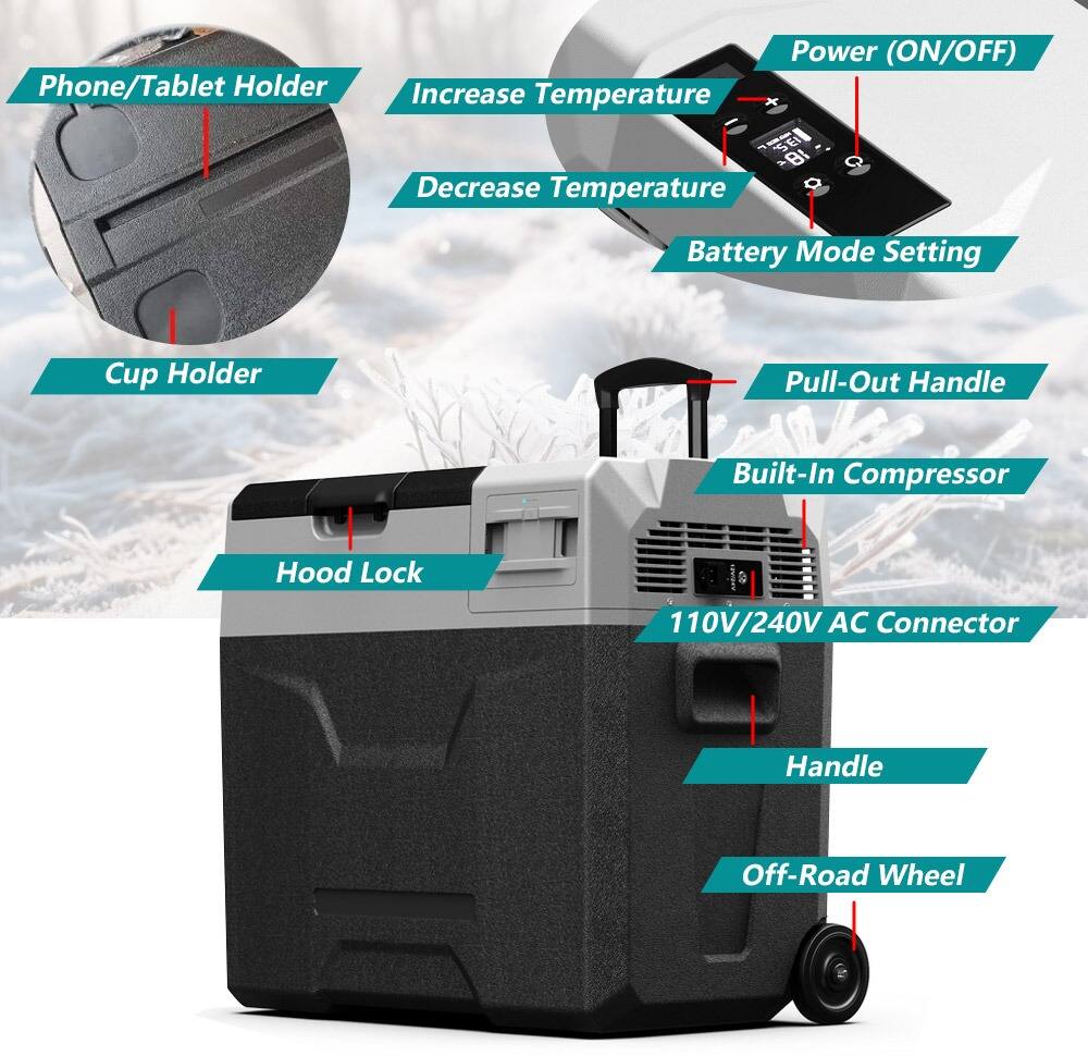 - Phone/Tablet Holder
- Increase Temperature
- Decrease Temperature
- Battery Mode Setting
- Cup Holder
- Pull-Out Handle
- Built-In Compressor
- Hood Lock
- 110V/240V AC Connector
- Handle
- Off-Road Wheel
- Power (ON/OFF)