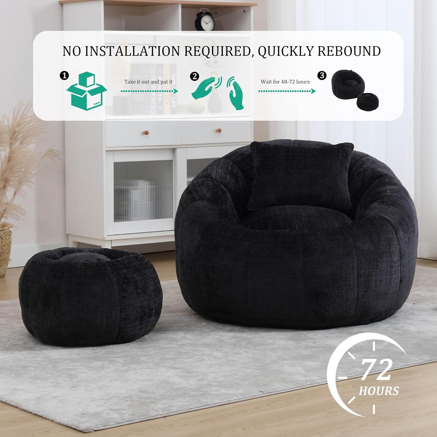 NO INSTALLATION REQUIRED, QUICKLY REBOUND

1. Take it out and pat it
2. Wait for 48-72 hours
3. 72 HOURS