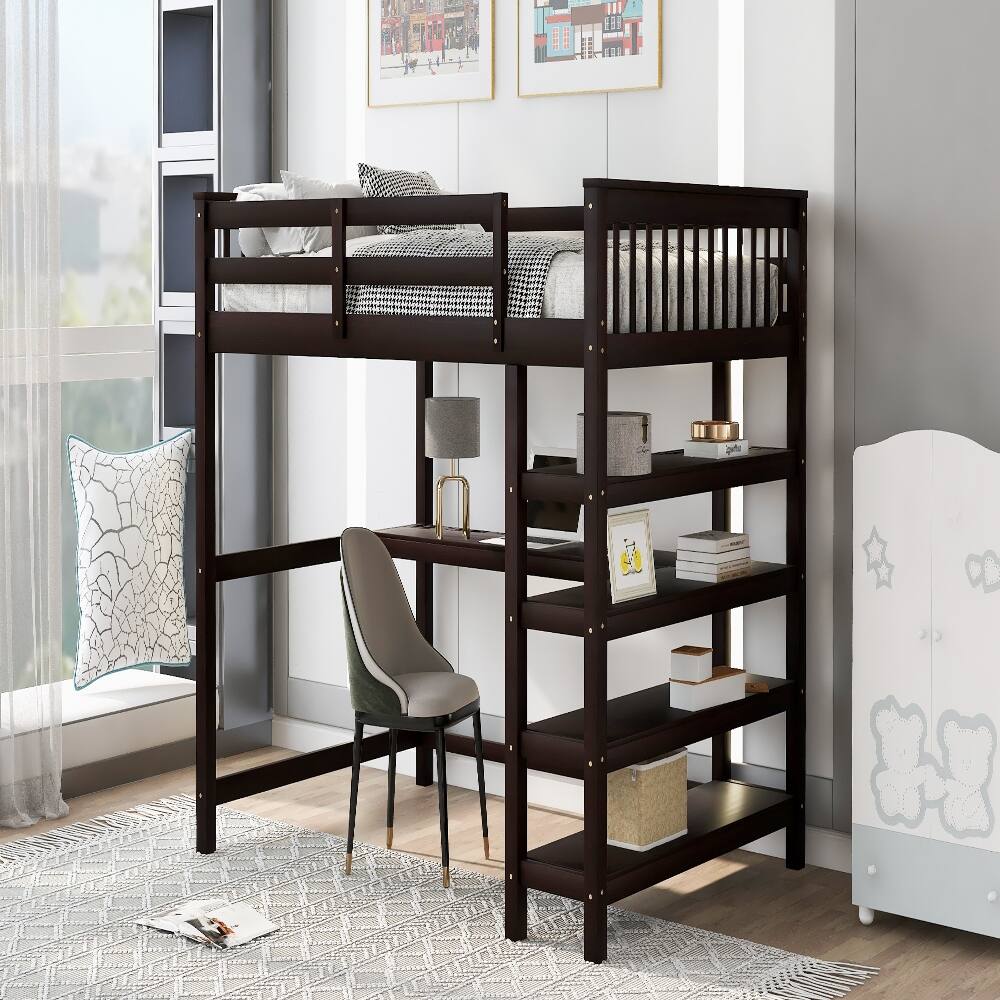Back. Loheer - Loheer Full Size Loft Bed with Desk and Storage Shelves Espresso Solid Wood - Espresso.