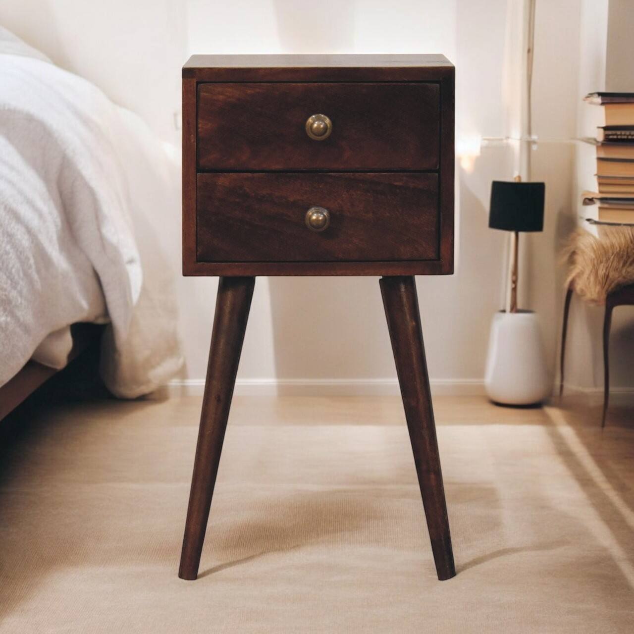 Angle. Artisan Furniture - Artisan Furniture Solid Wood Mini 2 Drawer California Walnut Bedside, Dark Brown - Dark Brown.