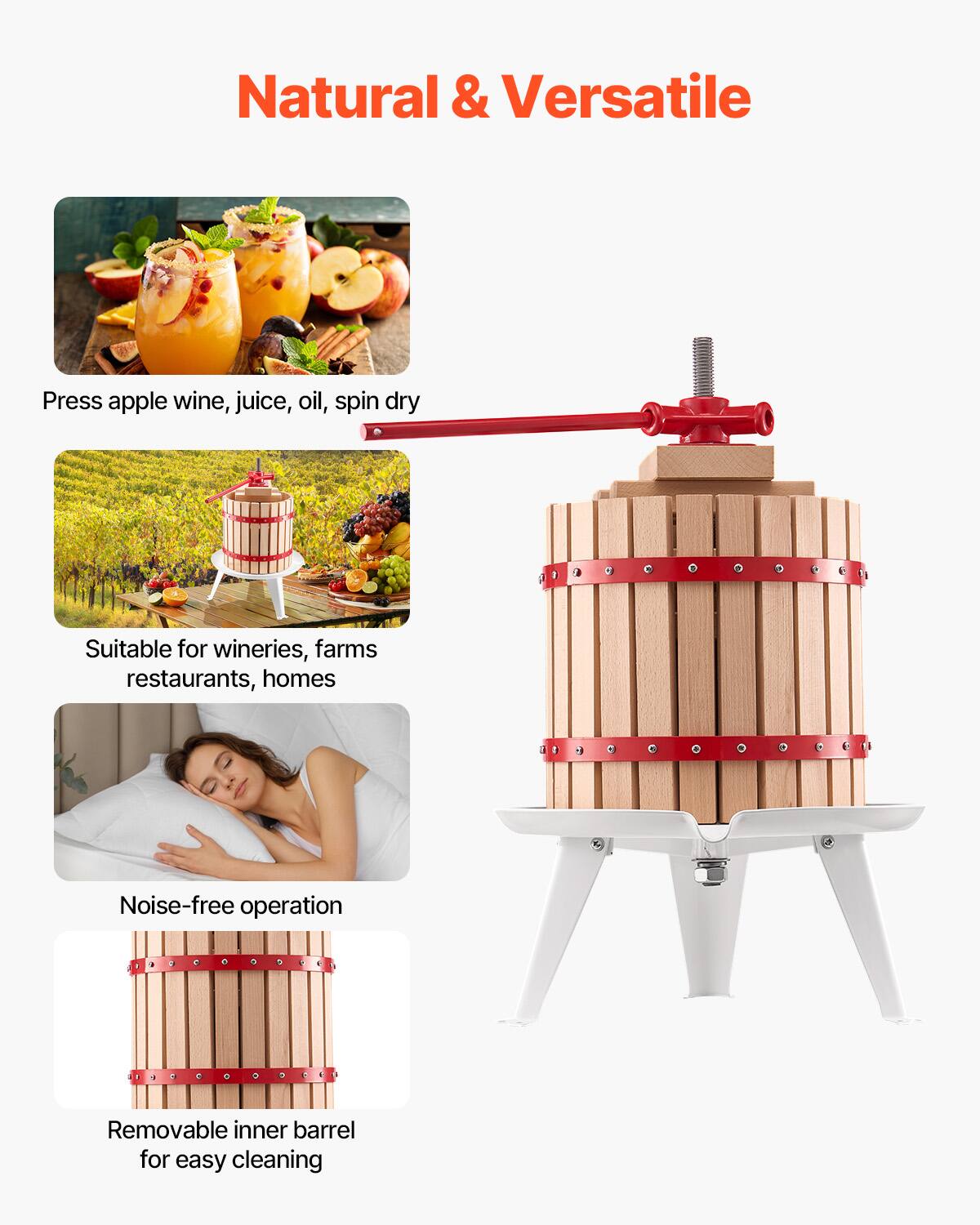 Natural & Versatile

Press apple wine, juice, oil, spin dry

Suitable for wineries, farms restaurants, homes

Noise-free operation

Removable inner barrel for easy cleaning