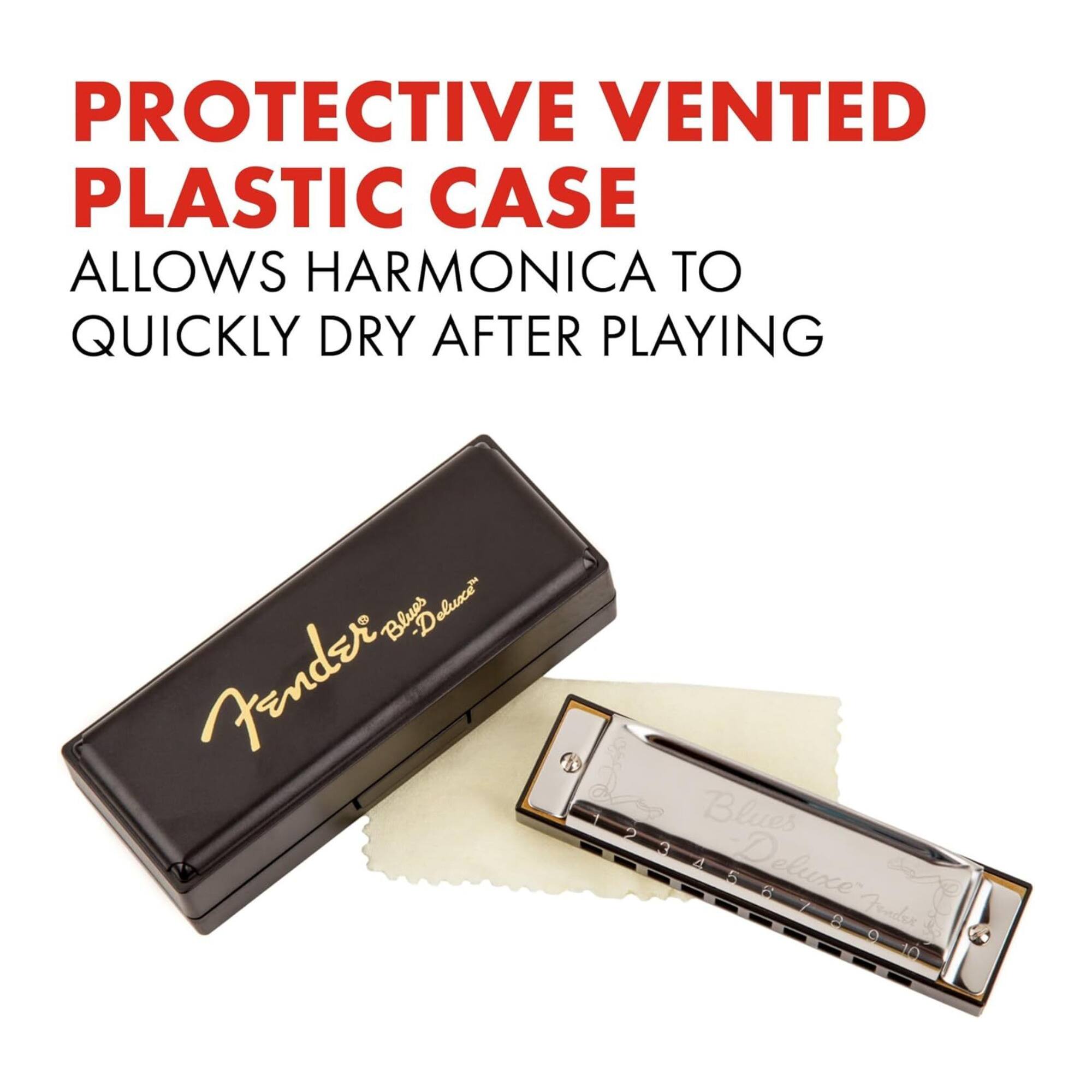 PROTECTIVE VENTED PLASTIC CASE  
ALLOWS HARMONICA TO QUICKLY DRY AFTER PLAYING

Fender® Blues Deluxe

Blues Deluxe  
Fender
