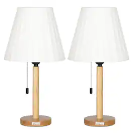 Oumilen - 2-Pack Wood Base Table Lamps with Pleated Fabric Shades & Pull Chain Switch