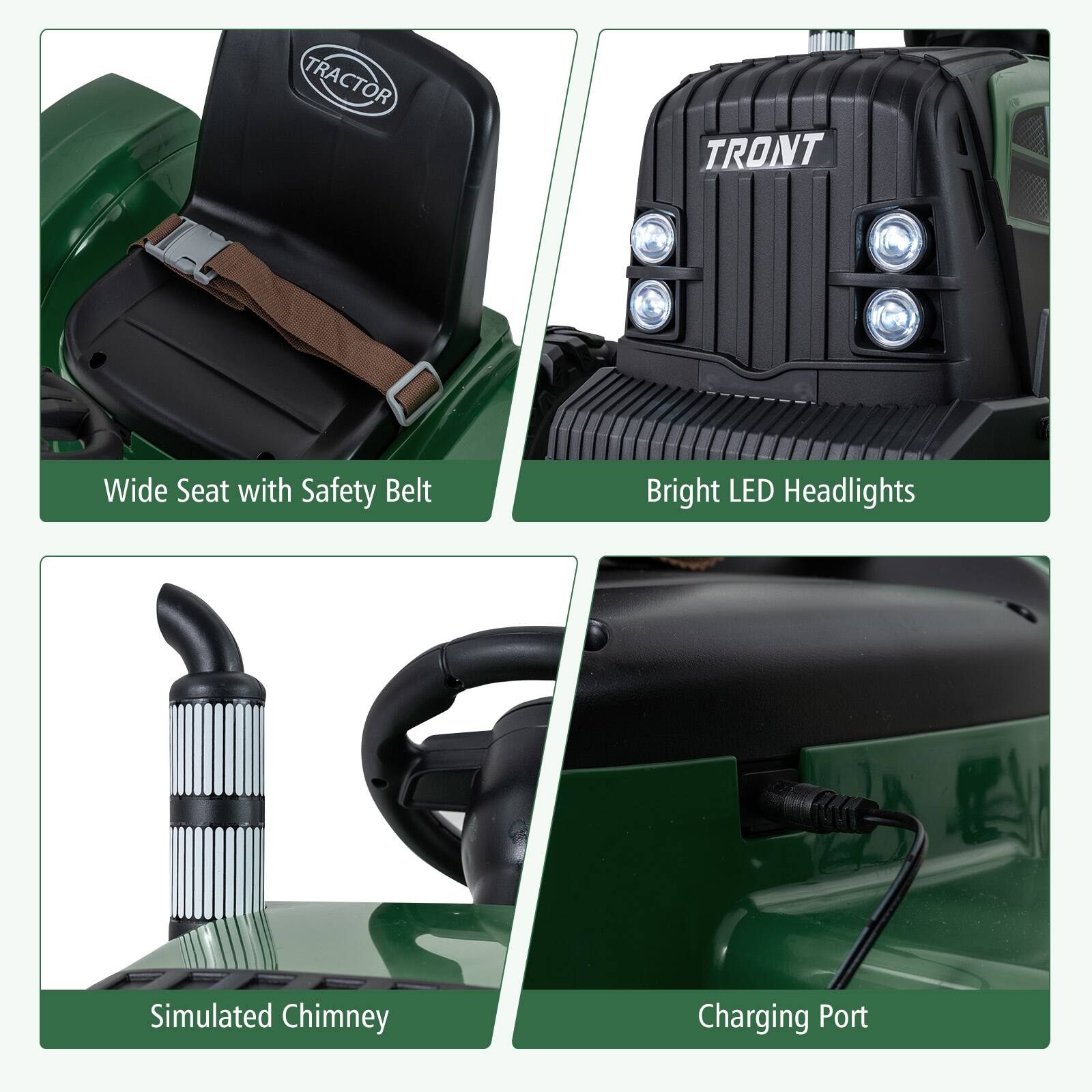 - Wide Seat with Safety Belt
- Bright LED Headlights
- Simulated Chimney
- Charging Port