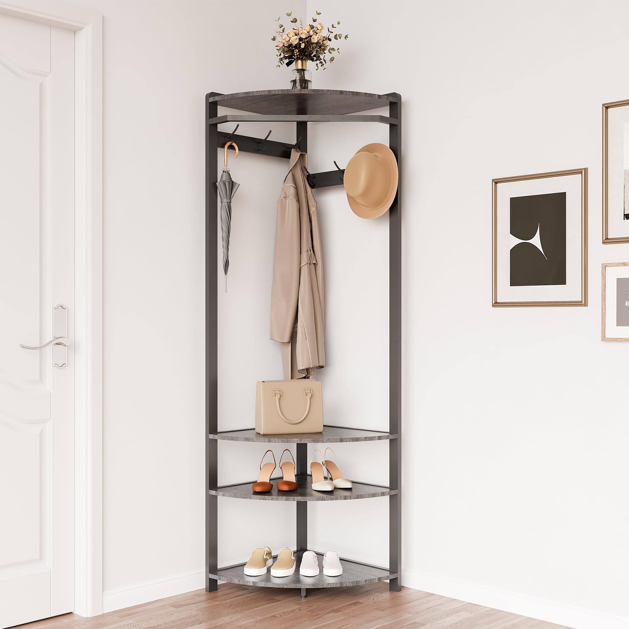Angle. Jojoka - Corner Coat Rack with Shoe Bench, 6 Double Hooks & Storage Shelf, Space-Saving 3-in-1 Corner Hall Tree - Gray.