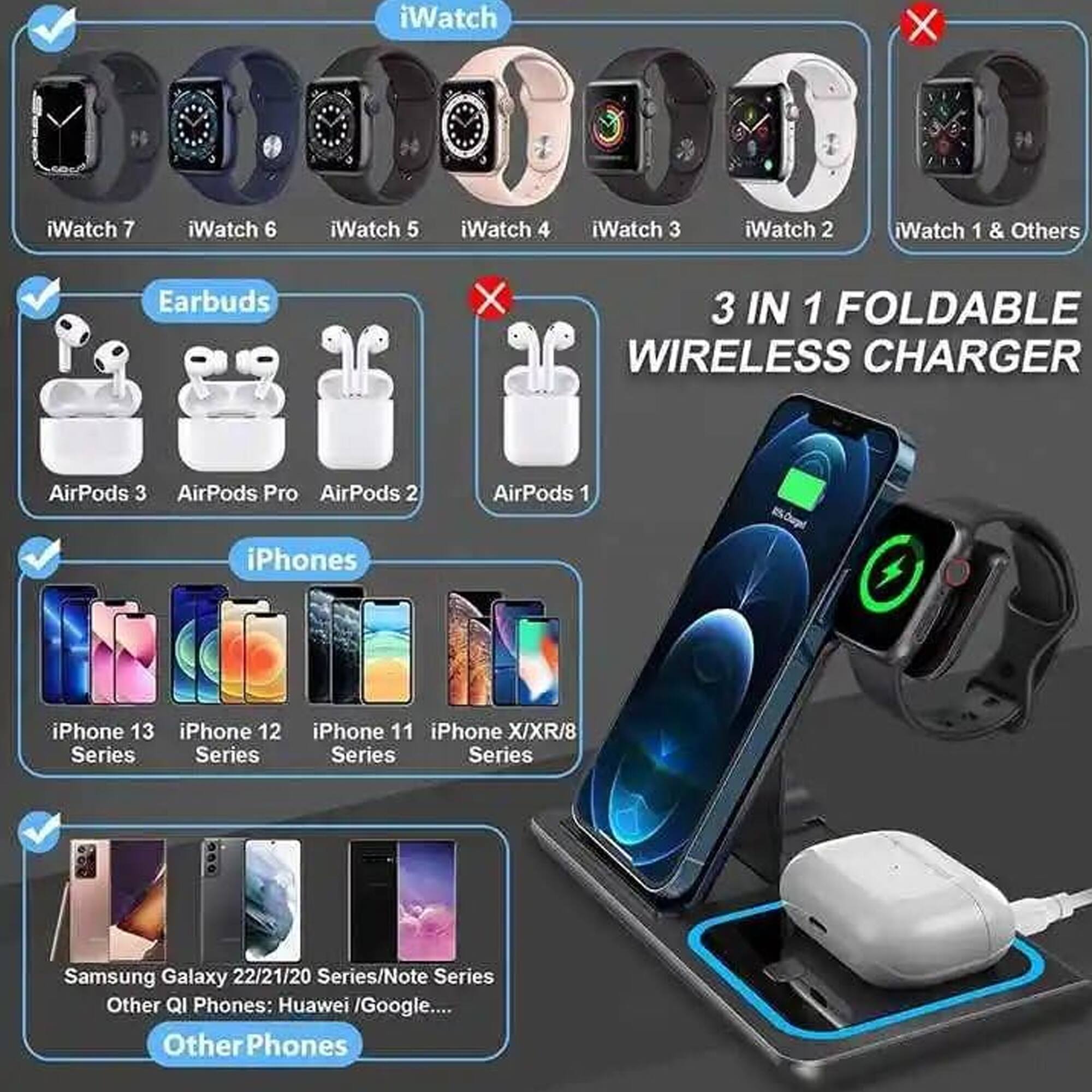 iWatch 7  
iWatch 6  
iWatch 5  
iWatch 4  
iWatch 3  
iWatch 2  
iWatch 1 & Others  

Earbuds  
AirPods 3  
AirPods Pro  
AirPods 2  
AirPods 1  

iPhones  
iPhone 13 Series  
iPhone 12 Series  
iPhone 11 Series  
iPhone X/XR/8 Series  

Samsung Galaxy 22/21/20 Series/Note Series  
Other QI Phones: Huawei /Google...  

3 IN 1 FOLDABLE WIRELESS CHARGER