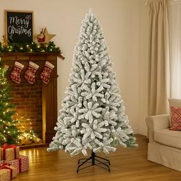 BreeBe - 6/7.5/9 Feet Artificial Snow Flocked Hinged Christmas Tree with Metal Stand - White