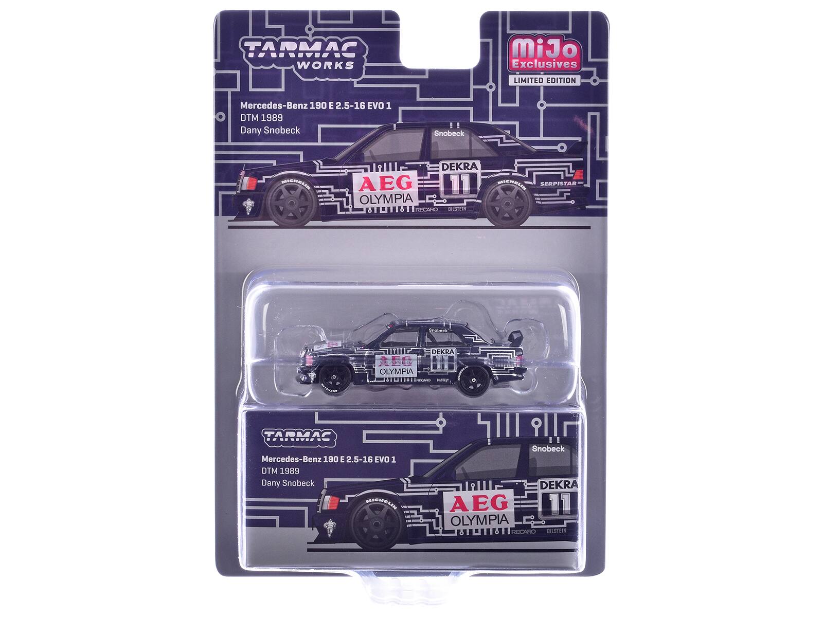 TARMAC WORKS  
MiJo Exclusives  
LIMITED EDITION  
Mercedes-Benz 190 E 2.5-16 EVO 1 DTM 1989 Dany Snobeck  
Snobeck  
MICHOLIN  
DEKRA AEG MICHELIN SERPISTAR OLYMPIA STATEL RECARD BILSTEIN  
Enterch  
SUNC DEKRA CHARGERY OLYMPIA RELARD undley  
TARMAC Mercedes-Benz 190 E 2.5-16 EVO 1 DTM 1989 Dany Snobeck MICHELIN  
Snobeck DEKRA AEG OLYMPIA RECARO BILSTEIN