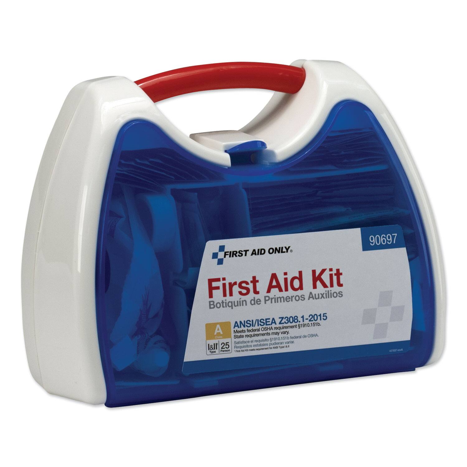 FIRST AID ONLY.  
First Aid Kit  
Botiquín de Primeros Auxilios  

ANSI/ISEA Z308.1-2015  
OSHA requirement 29 CFR 1910.151(b)  
Meets federal OSHA requirement 29 CFR 1910.151(b).  
State requirements may vary.  
Requisitos federales de OSHA - 29 CFR 1910.151(b).  
Requisitos estatales pueden variar.  

Type A  
25 Personas  

90697