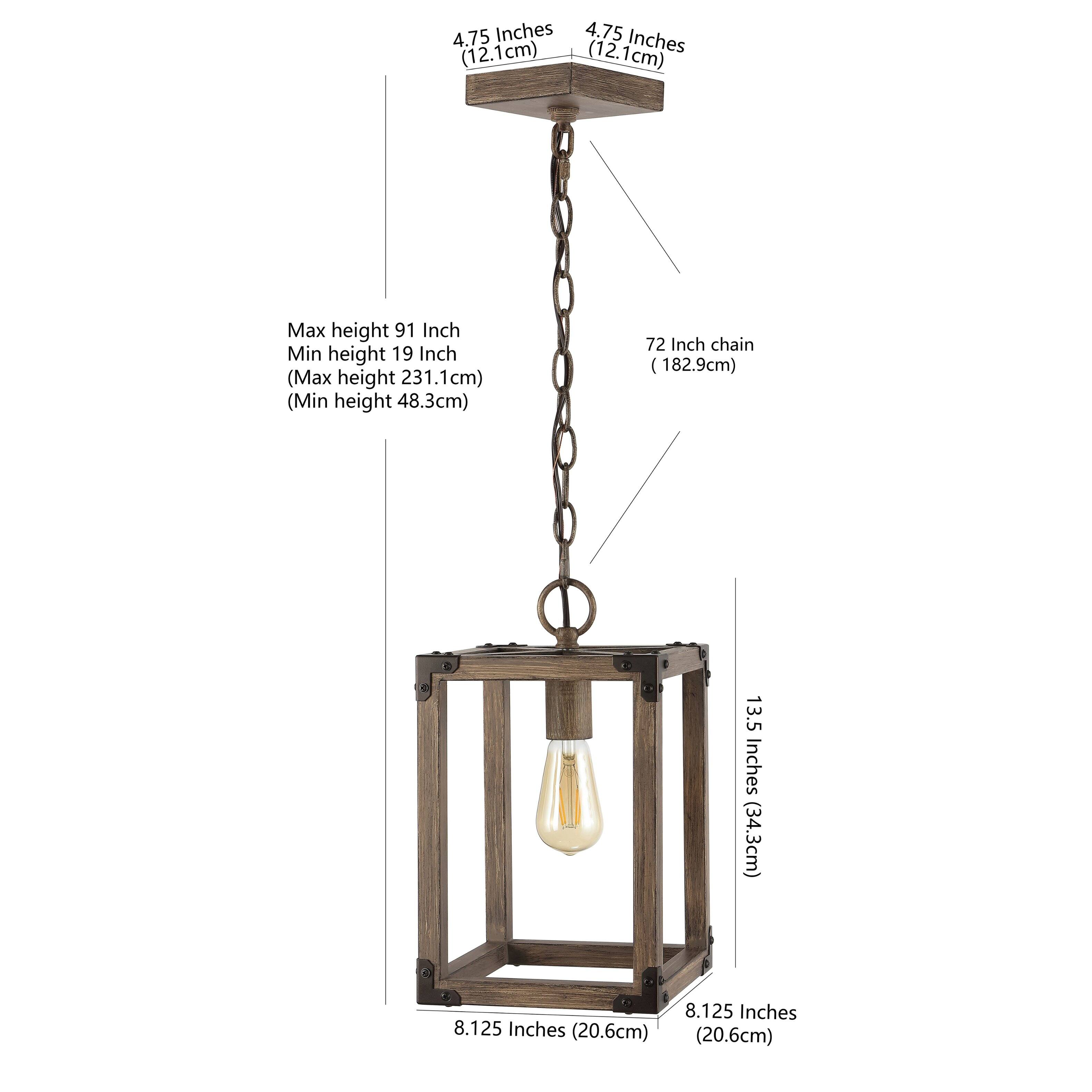 4.75 Inches (12.1cm)  
Max height 91 Inch (Max height 231.1cm)  
Min height 19 Inch (Min height 48.3cm)  
72 Inch chain (182.9cm)  
13.5 Inches (34.3cm)  
8.125 Inches (20.6cm)