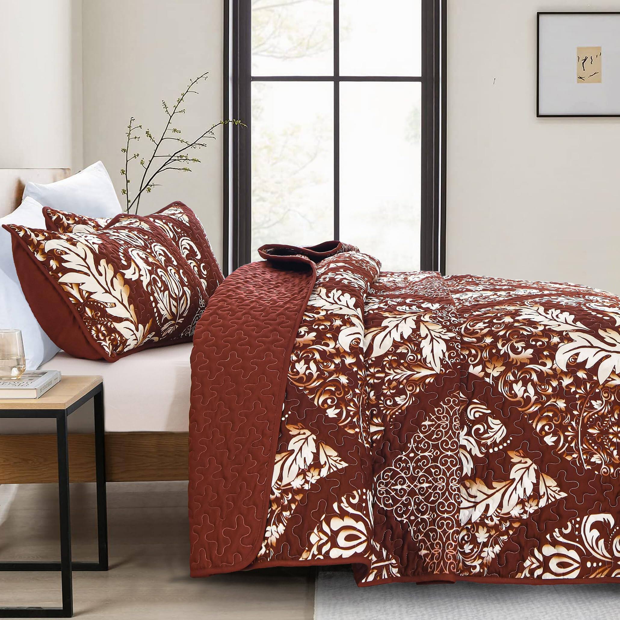 Back. Comfort Essence - Quilt Set Boho Damask Bedspread Coverlet Soft Lightweight Microfiber Luxury Bedding 3 Pieces For All Season - Navy Blue-Full (78"x90").