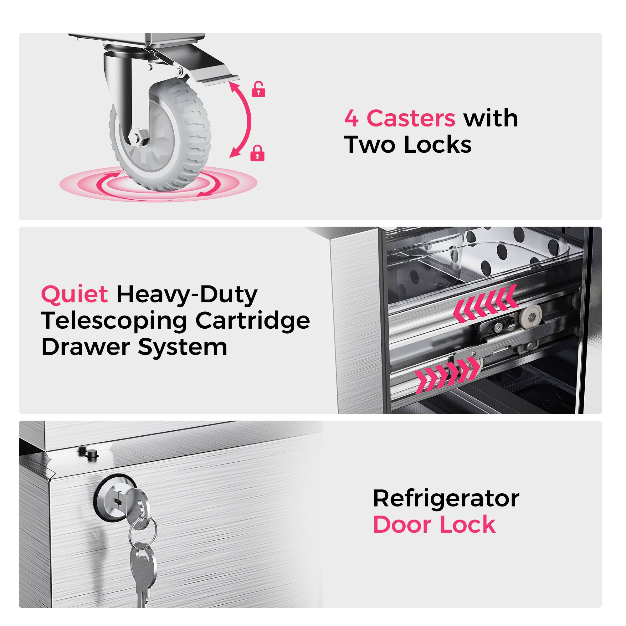 1. 4 Casters with Two Locks
2. Quiet Heavy-Duty Telescoping Cartridge Drawer System
3. Refrigerator Door Lock