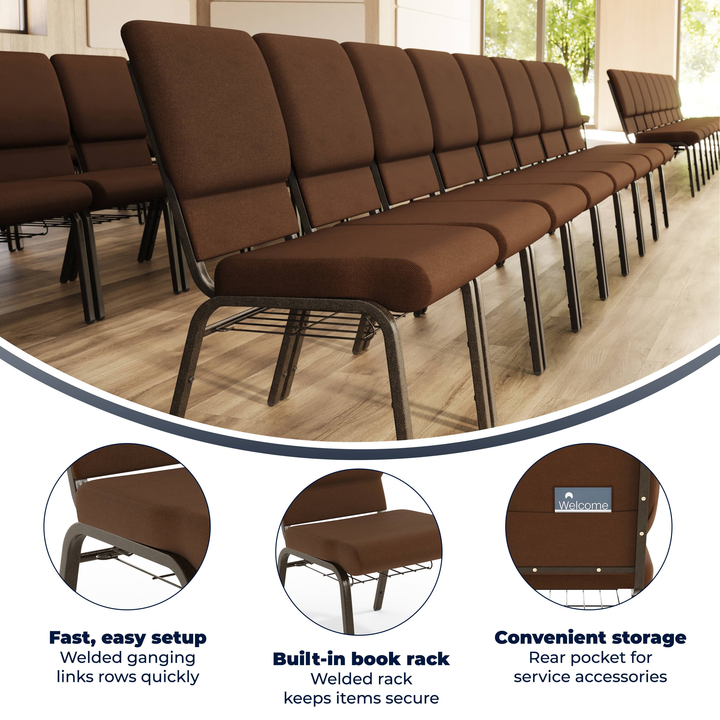 Welcome

Fast, easy setup  
Welded ganging links rows quickly

Convenient storage  
Built-in book rack  
Rear pocket for service accessories keeps items secure