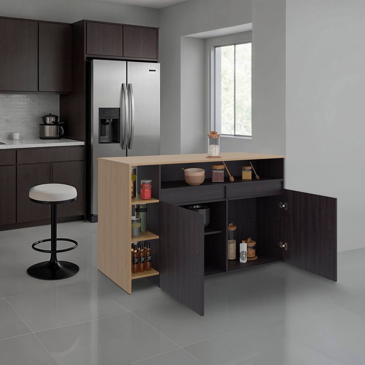 Angle. Loheer - Loheer modern freestanding kitchen island with 4 open display shelves and spacious dining countertop - Multi.