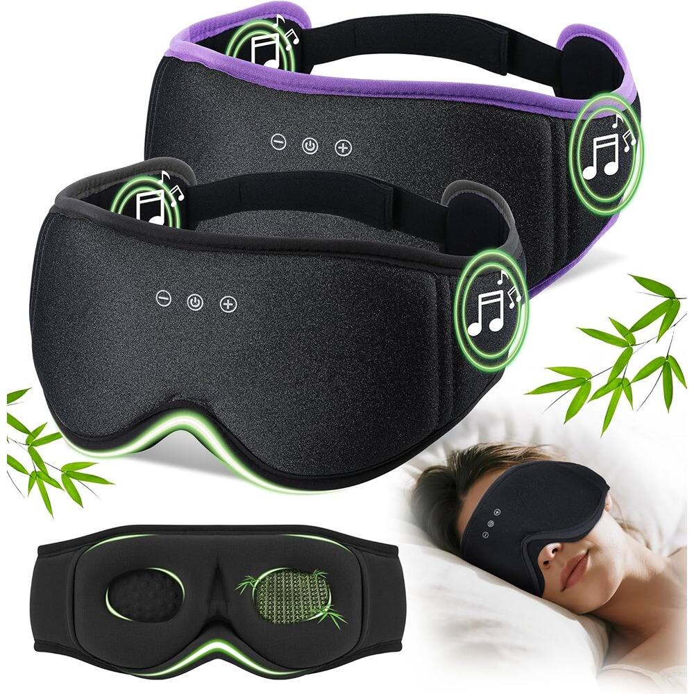 Front. MOSZAR LLC - 2-Pack Bluetooth Sleep Mask with Bamboo Cotton, 3D Blackout Contoured Design – Black.