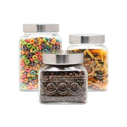 Front. Style Setter - Medallion Embossed Set of 3 Glass Canister with Silver Lid.