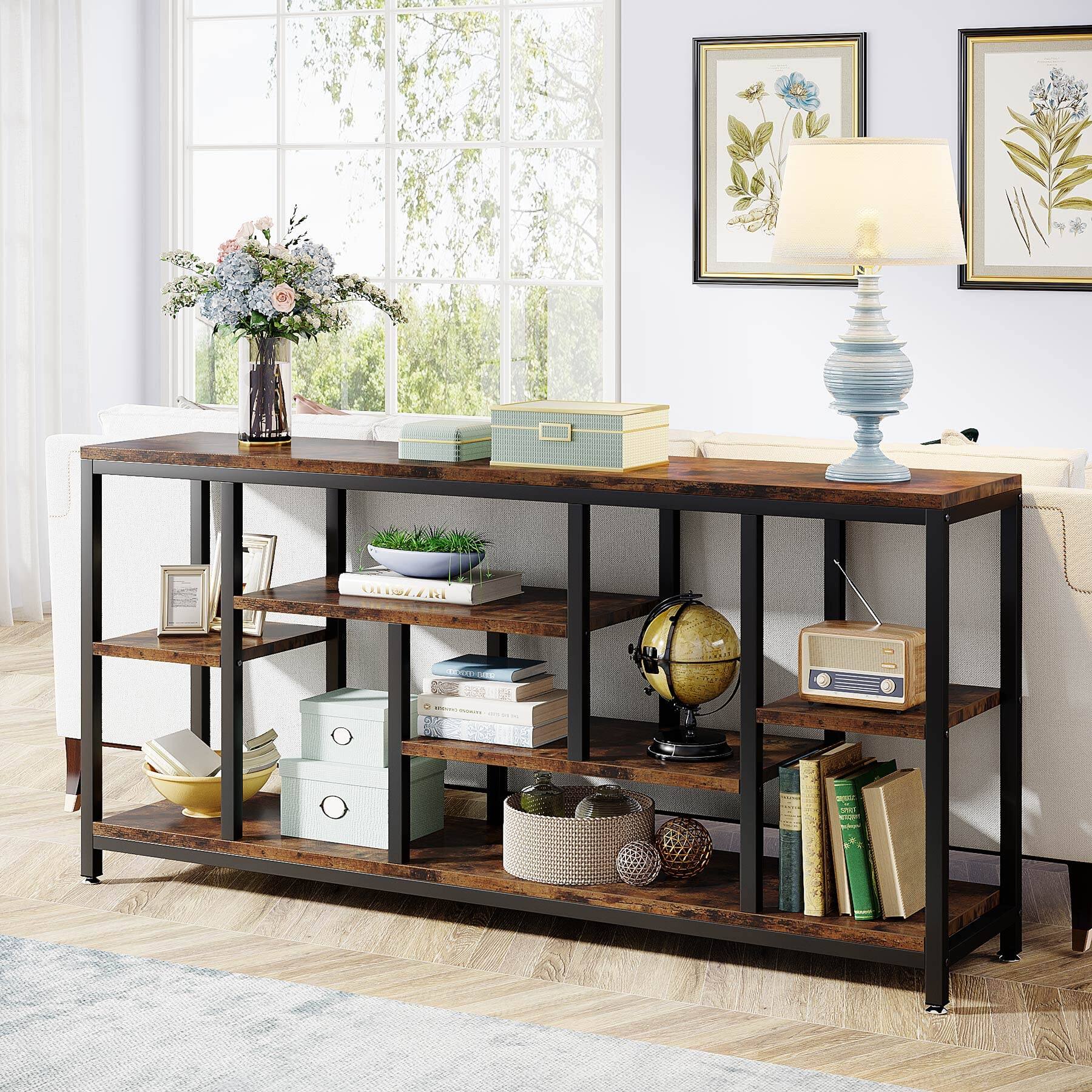 Left. Tribesigns - Console Sofa Table, 70.9 inch Extra Long Table Behind Couch with Storage Shelves, 3-Tier Industrial Narrow Entryway Hall - Rustic Brown.