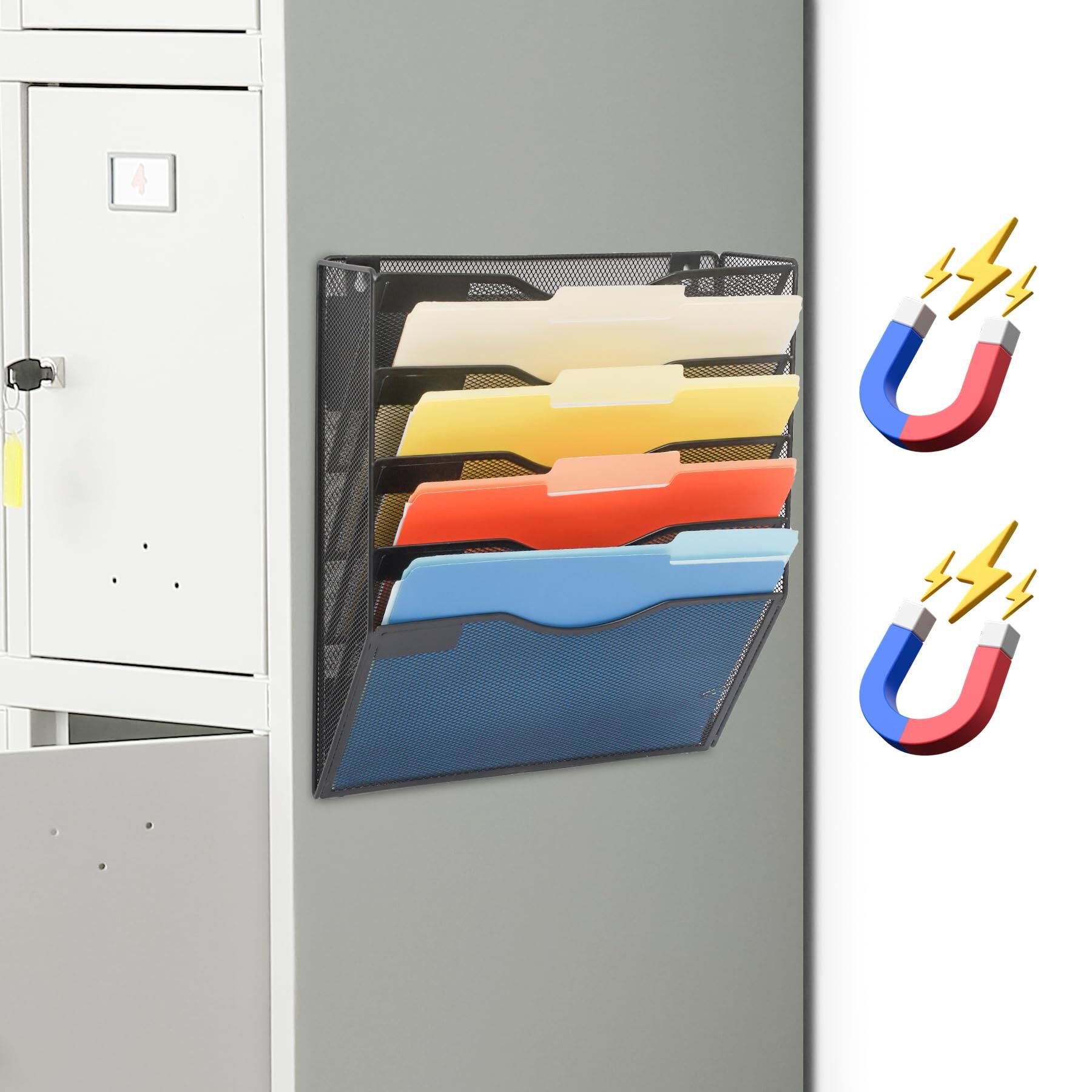 Alt View 1. Dapper Styles - Magnetic 5 Pocket Mesh Hanging File Organizer Wall Mounted Mail Paper Document Folder Holder Clipboard Stor... - Yellow-3 Tier.