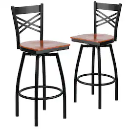 Emma + Oliver - 2 Pack "X" Back Swivel Metal Barstool - Cherry Wood Seat/Black Metal Frame