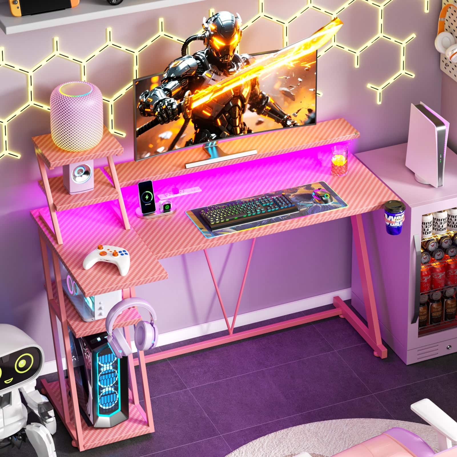 Furnulem - 47 In Gaming Desk with Monitor CPU StandHome Office Desk with Power OutletRGB LED LightsCup Holder Headphone Hook - Pink