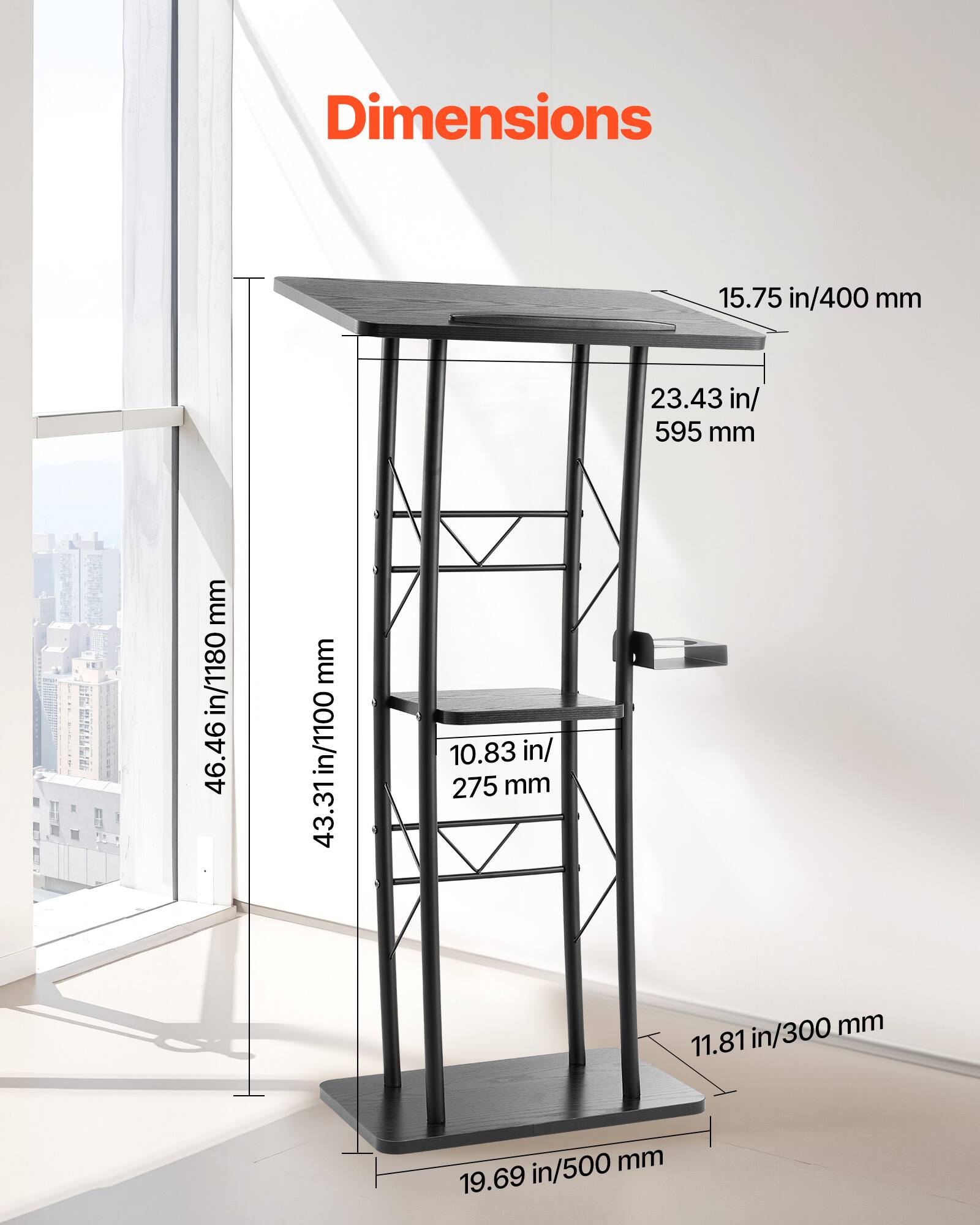 Dimensions

- 15.75 in / 400 mm
- 23.43 in / 595 mm
- 46.46 in / 1180 mm
- 43.31 in / 1100 mm
- 10.83 in / 275 mm
- 11.81 in / 300 mm
- 19.69 in / 500 mm