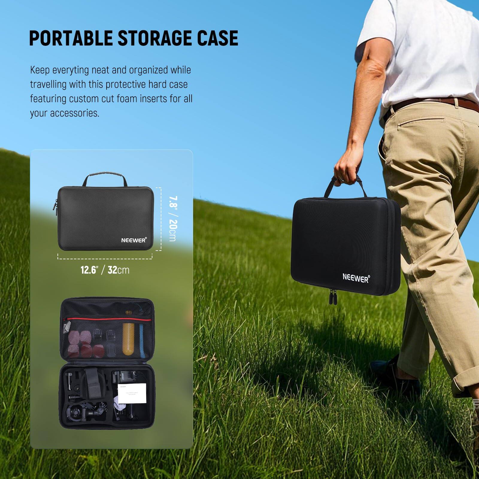 PORTABLE STORAGE CASE

Keep everything neat and organized while travelling with this protective hard case featuring custom cut foam inserts for all your accessories.

NEEWER

7.8" / 20cm  
12.6" / 32cm